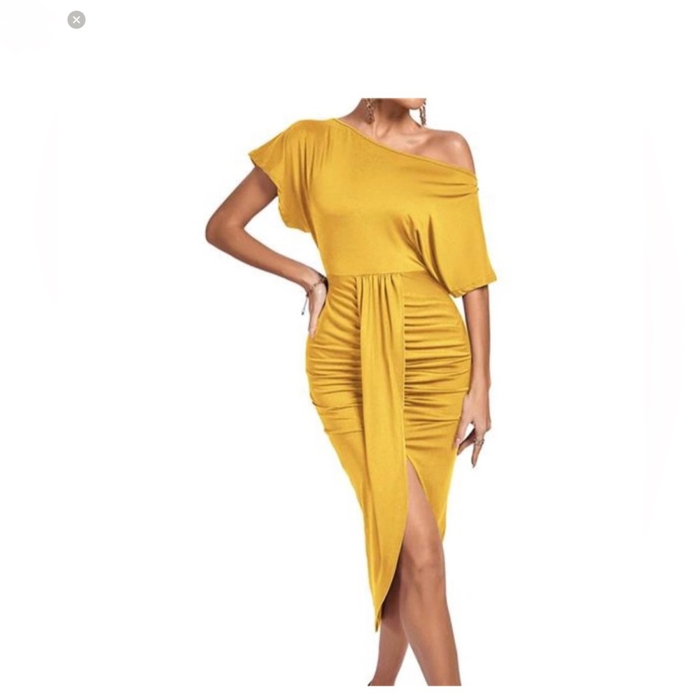 Women’s One Off Shoulder Ruched Wrap Front Dress, Yellow
